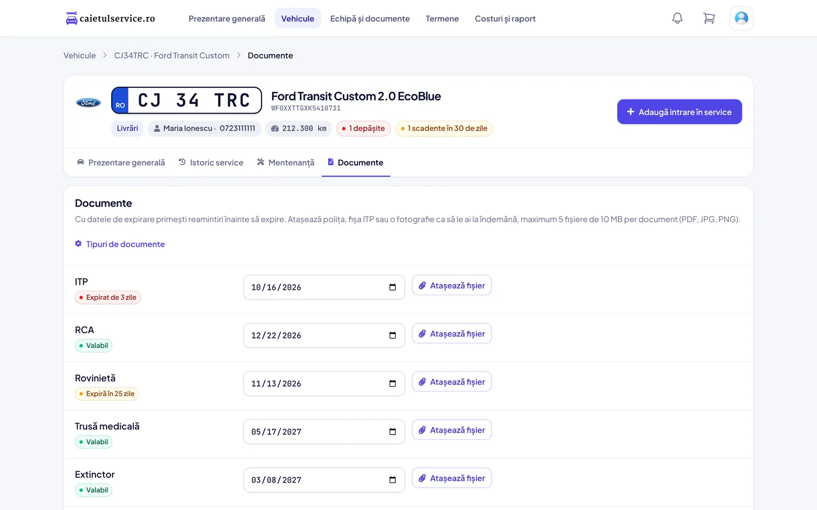 Documentele unui vehicul cu date de expirare, statusuri și butoane de atașare fișiere