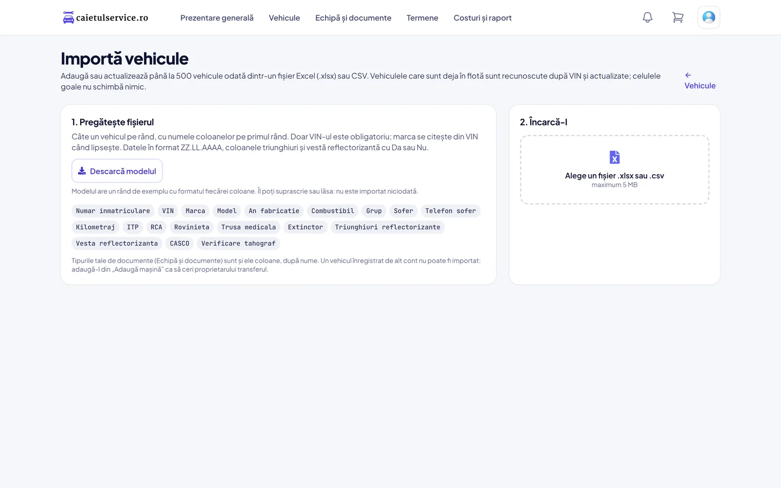 Pagina de import vehicule cu descărcarea modelului și lista coloanelor recunoscute